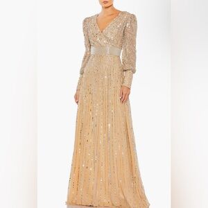 Mac Duggal Beige Sequined Wrap Over Bishop Sleeve Gown Sz 12 Style #5720